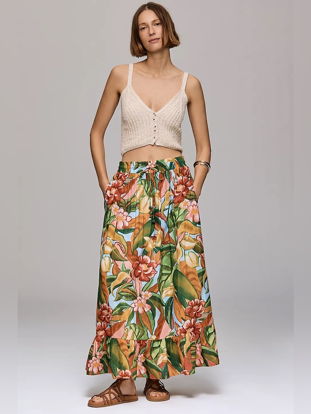 NWT Size XS - Farm Rio ruffled tropical maxi skirt with Pockets (NWT US$ 198)